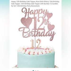 Bundle: 12th Birthday cake topper and rose gold candles with Birthday Banner